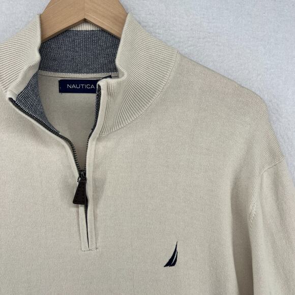 NAUTICA Sweater Mens XL Golf 1/4 Zip Mock Neck Pullover Jumper Cotton Beige - Picture 2 of 15